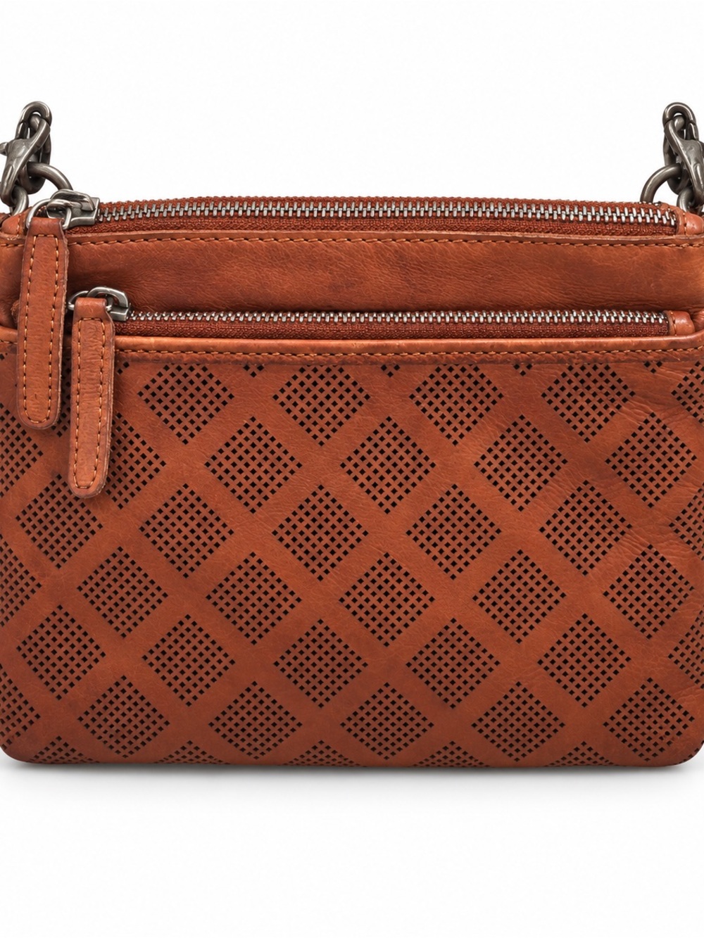 Vilenca Holland Cognac Leather 5 Compartment Crossbody Bag Perforated